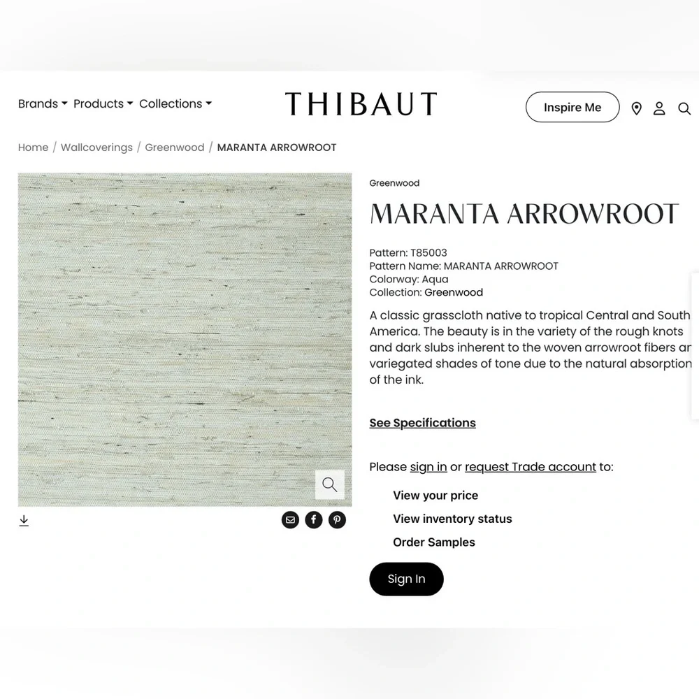 NWT THIBAUT Grasscloth Wallpaper T85003 Maranta Arrowroot 1 Double Roll Sealed